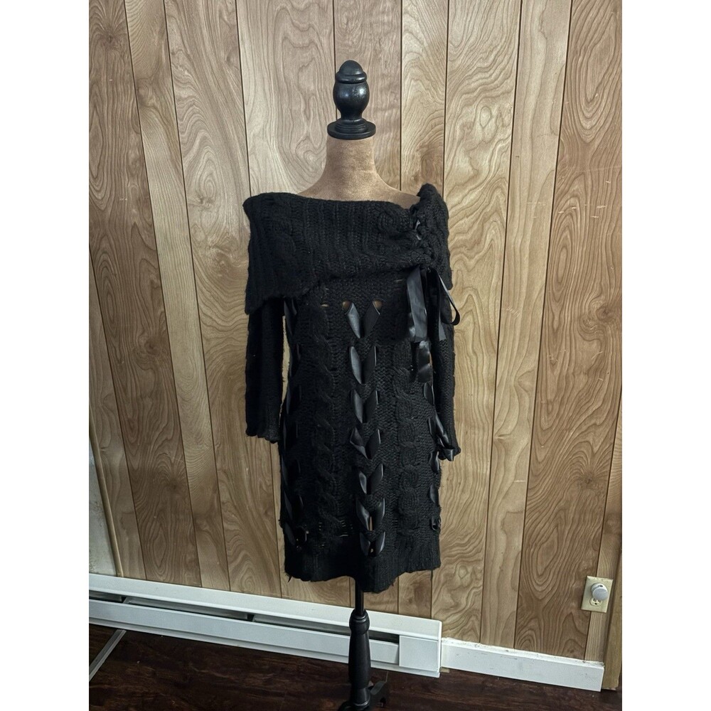 Arden B Black Cable Knit Ribbon Lace Up Off Shoulder Sweater Dress Womens Large